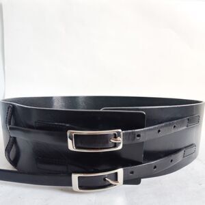 Moda International Belt Medium Corset Wide Double Buckle Black Leather 35"-38"